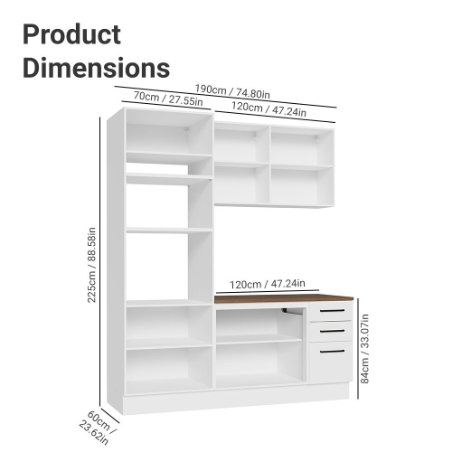 Madesa Hazel 3-Piece Kitchen Storage Set with 3 Door Pantry Cabinet Wall Cabinet Base Cabinet with Drawers 74 Inch Wooden Modern Organization Units