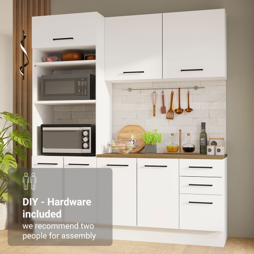 Madesa Hazel 3-Piece Kitchen Storage Set with 3 Door Pantry Cabinet Wall Cabinet Base Cabinet with Drawers 74 Inch Wooden Modern Organization Units