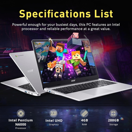 Chromebook 6 HD 315 15 po d'Acer, Pentium N6000 d'Intel, LPDDR4X d'4 Go, stockage 288 Go, carte graphique UHD d'Intel, ChromeOS,