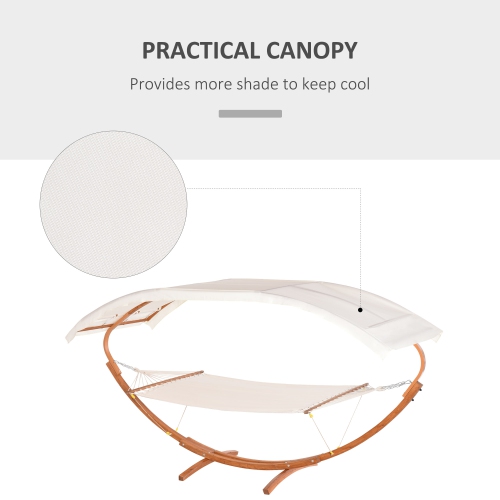 Outsunny 2 Person Wood Swing Arc Hammock Bed and Stand Set with Canopy, White/Teak