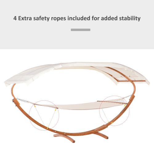 Outsunny 2 Person Wood Swing Arc Hammock Bed and Stand Set with Canopy, White/Teak