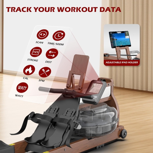 JOROTO MR380 Water Rowing Machines for Home Use,Foldable Rowing Machine Oak Wood Rower Machine,350LBS Weight Capacity with Bluetooth Monitor,Tablet