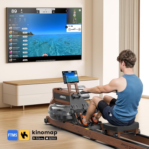 JOROTO MR380 Water Rowing Machines for Home Use,Foldable Rowing Machine Oak Wood Rower Machine,350LBS Weight Capacity with Bluetooth Monitor,Tablet