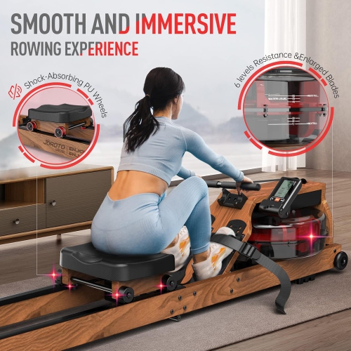 JOROTO MR280 Water Rowing Machine for Home Use Oak Wood Foldable Rower Machine 330lbs Weight Capacity with Bluetooth Monitor Phone Holder Heart Rate