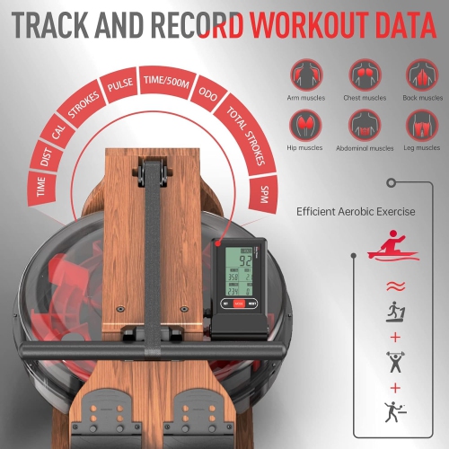 JOROTO MR280 Water Rowing Machine for Home Use Oak Wood Foldable Rower Machine 330lbs Weight Capacity with Bluetooth Monitor Phone Holder Heart Rate