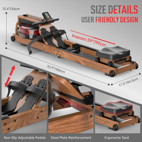 JOROTO MR280 Water Rowing Machine for Home Use Oak Wood Foldable Rower Machine 330lbs Weight Capacity with Bluetooth Monitor Phone Holder Heart Rate