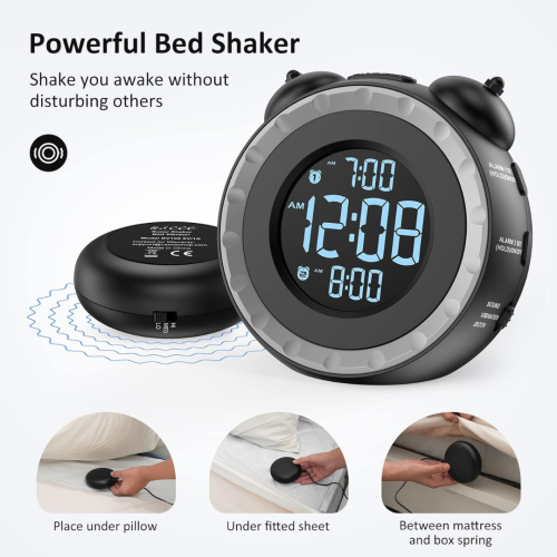 Loud Dual Alarm Clock with Bed Shaker - 0-100% Dimmer, Vibrating Alarm Clock for Heavy Sleepers or Hearing Impaired, Easy to Set, USB Charging Port,