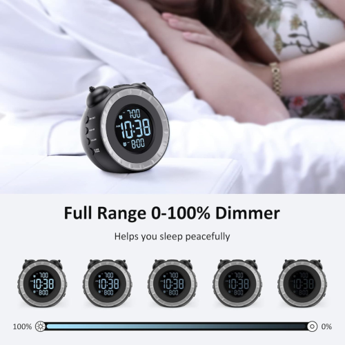 Loud Dual Alarm Clock with Bed Shaker - 0-100% Dimmer, Vibrating Alarm Clock for Heavy Sleepers or Hearing Impaired, Easy to Set, USB Charging Port,