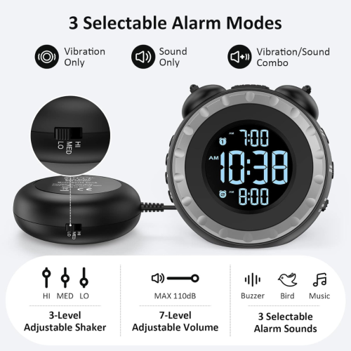 Loud Dual Alarm Clock with Bed Shaker - 0-100% Dimmer, Vibrating Alarm Clock for Heavy Sleepers or Hearing Impaired, Easy to Set, USB Charging Port,