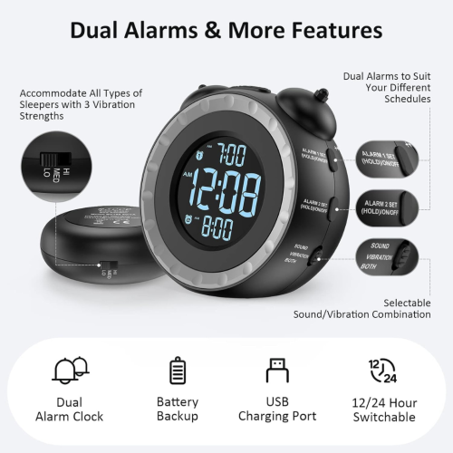 Loud Dual Alarm Clock with Bed Shaker - 0-100% Dimmer, Vibrating Alarm Clock for Heavy Sleepers or Hearing Impaired, Easy to Set, USB Charging Port,