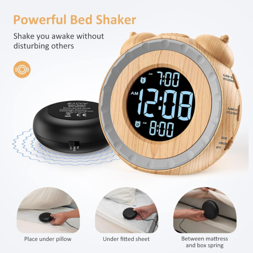 Loud Dual Alarm Clock with Bed Shaker - 0-100% Dimmer, Vibrating Alarm Clock for Heavy Sleepers or Hearing Impaired, Easy to Set, USB Charging Port,