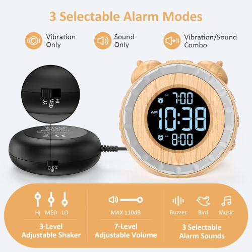 Loud Dual Alarm Clock with Bed Shaker - 0-100% Dimmer, Vibrating Alarm Clock for Heavy Sleepers or Hearing Impaired, Easy to Set, USB Charging Port,