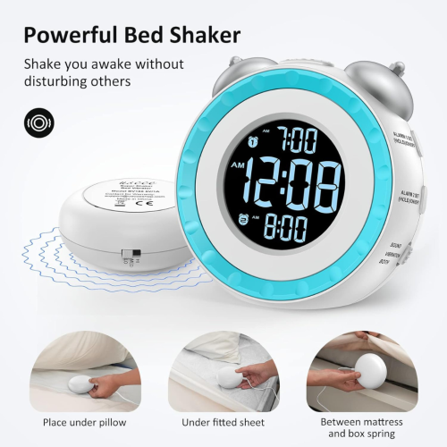 Loud Dual Alarm Clock with Bed Shaker - 0-100% Dimmer, Vibrating Alarm Clock for Heavy Sleepers or Hearing Impaired, Easy to Set, USB Charging Port,