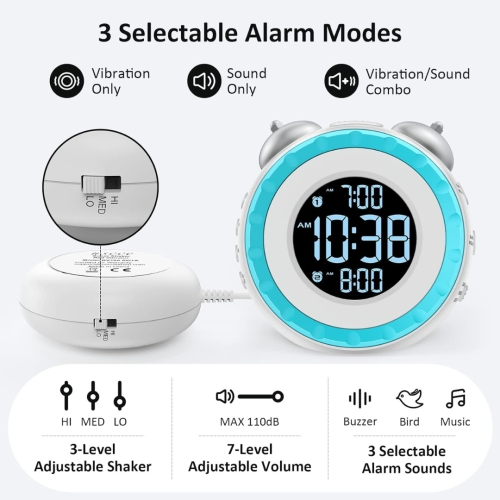 Loud Dual Alarm Clock with Bed Shaker - 0-100% Dimmer, Vibrating Alarm Clock for Heavy Sleepers or Hearing Impaired, Easy to Set, USB Charging Port,