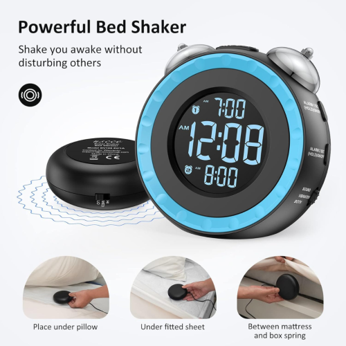 Loud Dual Alarm Clock with Bed Shaker - 0-100% Dimmer, Vibrating Alarm Clock for Heavy Sleepers or Hearing Impaired, Easy to Set, USB Charging Port,