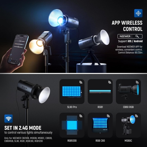 Remis à neuf - 150&nbsp;W Mini LED lampe vidéo en métal RVB COB RGBWW MS150C de NEEWER avec contrôle 2,4 GHz/APPLICATION