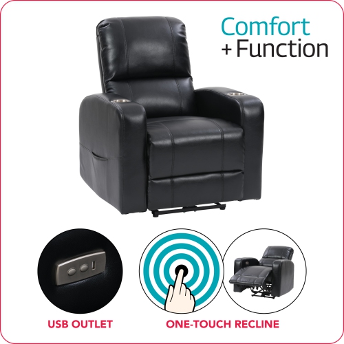 Corliving Power Recliner with Cup Holder, Home Theater Recliner PU Fabric, for Living Room, Home Theater, Black