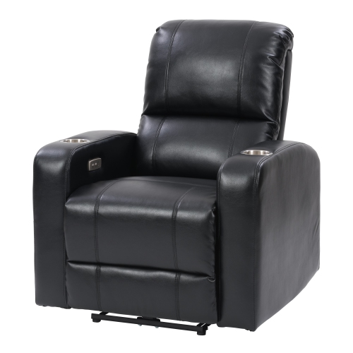 Corliving Power Recliner with Cup Holder, Home Theater Recliner PU Fabric, for Living Room, Home Theater, Black