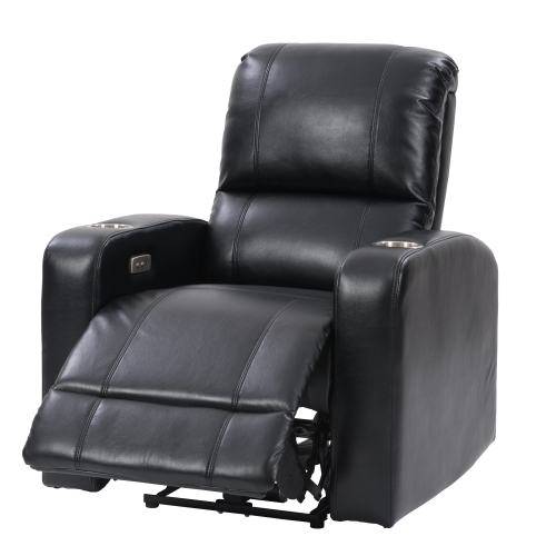 Corliving Power Recliner with Cup Holder, Home Theater Recliner PU Fabric, for Living Room, Home Theater, Black