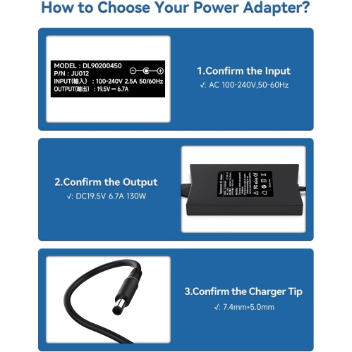 Refurbished Good Dell 19.5V 6.7A 130W AC Adapter with power Cord Pin size 7.4mm