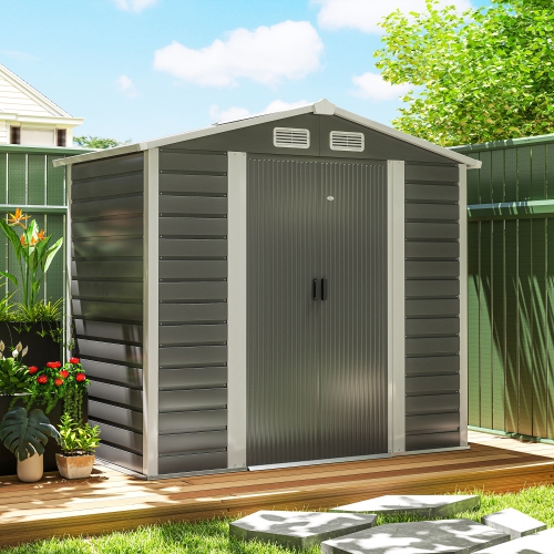 Outsunny 7' x 4' Outdoor Storage Shed, Easy to Assemble, Upgraded Galvanised Steel Frame with Foundation Kit, Double Doors with Lock, Metal Garden