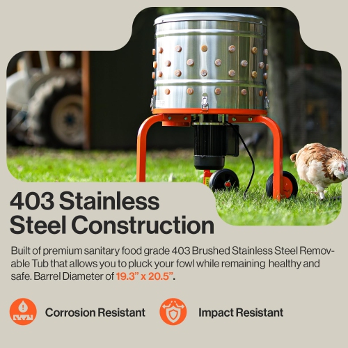 SuperHandy Chicken Plucker 1HP 120VAC - Electric Stainless Steel Poultry Processing Machine with 92 Soft Fingers, 20" Drum, GFCI Safety & Waterproof