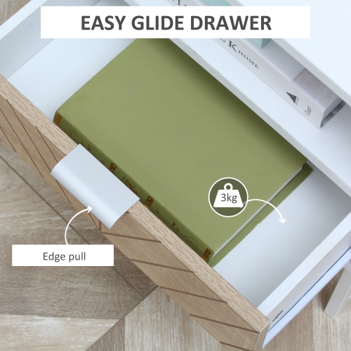 HOMCOM Modern Bedside Table with Drawer and Storage Shelf, Nightstand with Metal Base, Sofa End Table for Bedroom, White and Oak