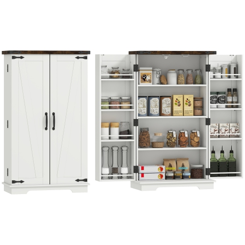 HOMCOM  41" Kitchen Pantry Cabinet, Freestanding Farmhouse Storage Cabinet With Doors, 2 Adjustable Shelves And 8 Door Shelves In White