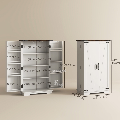 HOMCOM 41" Kitchen Pantry Cabinet, Freestanding Farmhouse Storage Cabinet with Doors, 2 Adjustable Shelves and 8 Door Shelves, White