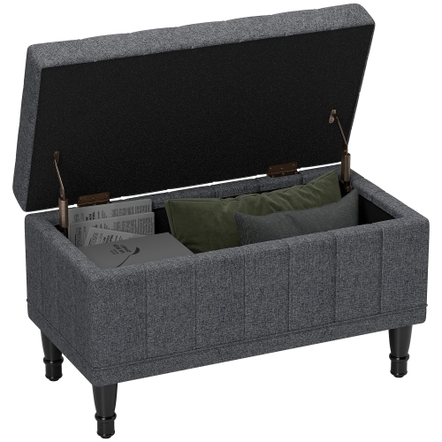 HOMCOM Storage Ottoman, Linen Fabric End of Bed Bench with Soft Close Lid, Button Tufted Storage Bench for Living Room, Entryway or Bedroom, 31.5" x