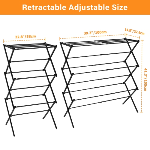 Extendable Clothes Drying Rack, Laundry Drying Rack with Width Adjustable 53cm to 100cm for Storage Indoor Outdoor, Black