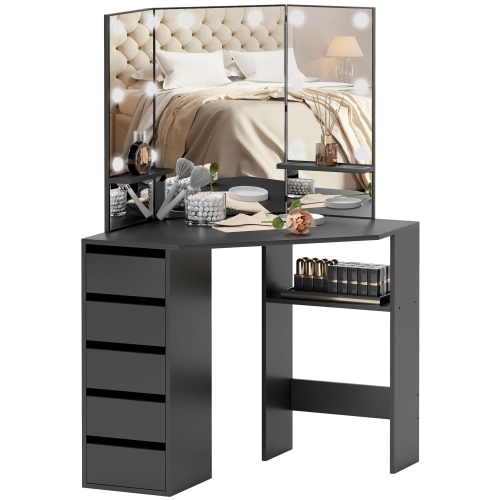 HOMCOM – Coiffeuse de maquillage avec miroir à 3 panneaux et 10 lampes LED, table à langer avec 5 tiroirs et tablettes pour chambre à coucher, noir