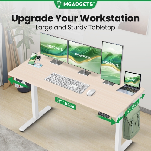 IMGadgets Standing Electric Adjustable Desk | 55'' x 24'' Large Workspace with 2 hooks | Ergonomic Sit-Stand Desk | 3-Memory Settings | Height
