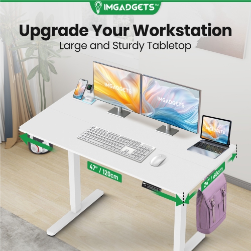 IMGadgets Standing Electric Adjustable Desk | 47'' x 24'' Large Workspace with 2 hooks | Ergonomic Sit-Stand Desk | 3-Memory Settings | Height