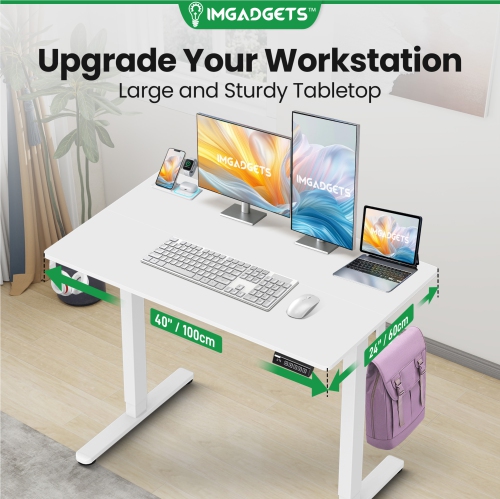 IMGadgets Standing Electric Adjustable Desk | 40'' x 24'' Large Workspace with 2 hooks | Ergonomic Sit-Stand Desk | 3-Memory Settings | Height