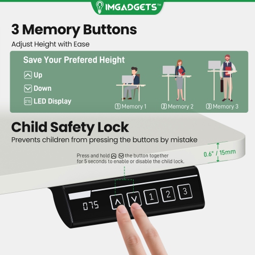 IMGadgets Standing Electric Adjustable Desk | 40'' x 24'' Large Workspace with 2 hooks | Ergonomic Sit-Stand Desk | 3-Memory Settings | Height