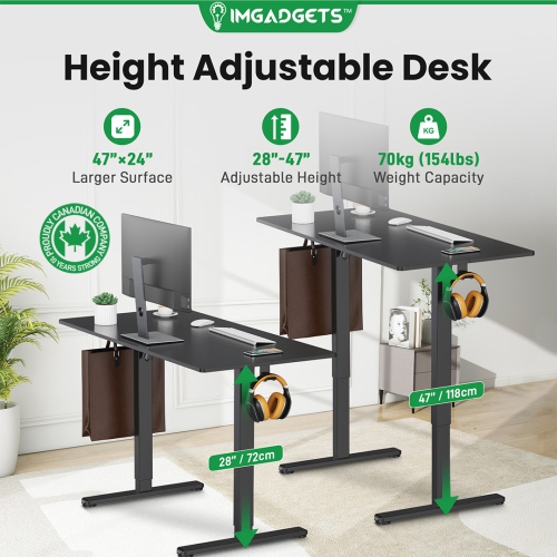 IMGadgets Standing Electric Adjustable Desk | 47'' x 24'' Large Workspace with 2 hooks | Ergonomic Sit-Stand Desk | 3-Memory Settings | Height