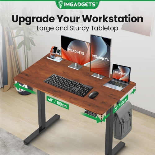 IMGadgets Standing Electric Adjustable Desk | 40'' x 24'' Large Workspace with 2 hooks | Ergonomic Sit-Stand Desk | 3-Memory Settings | Height