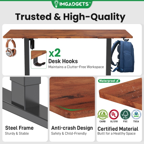 IMGadgets Standing Electric Adjustable Desk | 40'' x 24'' Large Workspace with 2 hooks | Ergonomic Sit-Stand Desk | 3-Memory Settings | Height