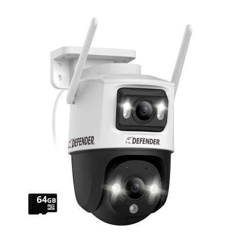 Image 1 of 9.. Defender AI POWERED Guard Pro 3K PLUS Dual Lens PTZ Wi-Fi 6 Plug-in Security Camera with 64 GB SD Card