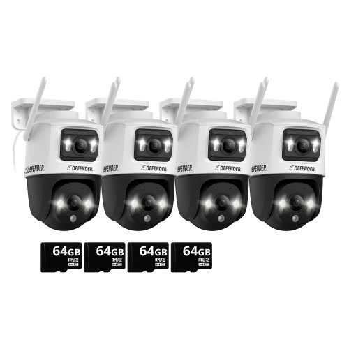 Image 1 of 9.. Defender AI POWERED Guard Pro 3K PLUS Dual Lens PTZ Wi-Fi 6 Plug-in Security Camera with 64 GB SD Card - 4 Pack