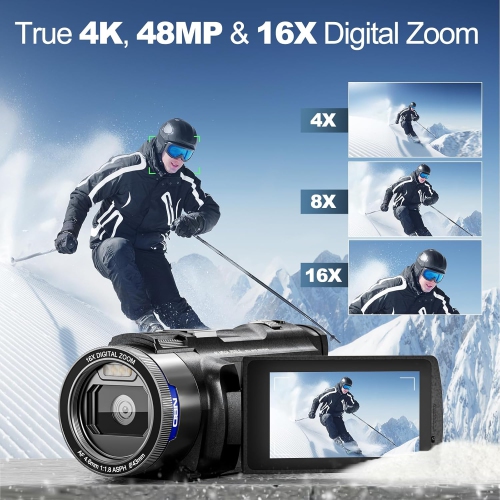 4K Ultra HD Camcorder Video Camera with True 48MP,Vlogging Camera for YouTube With Wi-Fi & App Control,Video Recorder with 3X Battery Life, 16X Zoom,