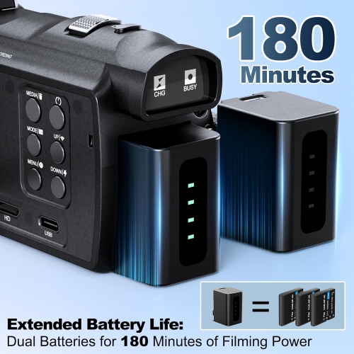 4K Ultra HD Camcorder Video Camera with True 48MP,Vlogging Camera for YouTube With Wi-Fi & App Control,Video Recorder with 3X Battery Life, 16X Zoom,