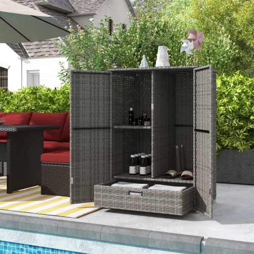 Outsunny Wicker Outdoor Storage Cabinet with Shelves, 2-Door Rattan Pool Towel Storage Cabinet with Drawer & Removable Shelf, Pool Storage Organizer