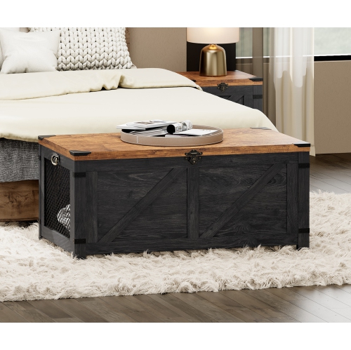 WAMPAT Lift Top Coffee Table for Living Room,Farmhouse Coffee Table with Hidden Storage,Small Accent Furniture with Mesh Cabinet and Rustic Lock,Dark