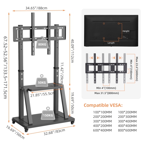 UNHO Large Mobile TV Trolley Stand Mount Universal Flat Screen Rolling TV Stand Height Adjustable for 32-100 inch TV with Wheels Holds Up To 176lbs