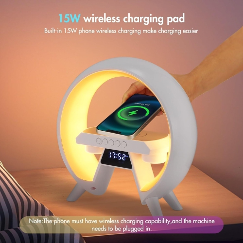 Atmosphere LED Lamp Night Light Wireless Speaker, 15W Wireless Charger, Alarm Clock and Built-in Battery Ideal Gift for Birthday, Elegant Bedroom Deco