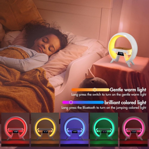 Atmosphere LED Lamp Night Light Wireless Speaker, 15W Wireless Charger, Alarm Clock and Built-in Battery Ideal Gift for Birthday, Elegant Bedroom Deco