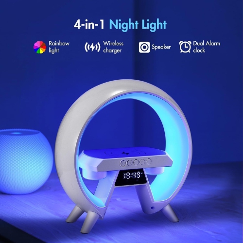 Atmosphere LED Lamp Night Light Wireless Speaker, 15W Wireless Charger, Alarm Clock and Built-in Battery Ideal Gift for Birthday, Elegant Bedroom Deco