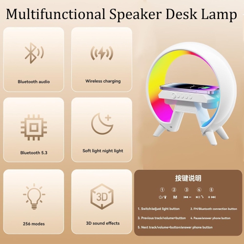 Atmosphere LED Lamp Night Light Wireless Speaker, 15W Wireless Charger, Alarm Clock and Built-in Battery Ideal Gift for Birthday, Elegant Bedroom Deco